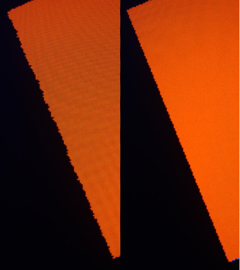 Two images of an orange polygon. The image on the left has jagged edges, while the right is smooth.