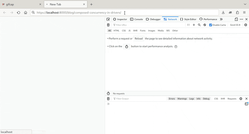 A screen recording of Firefox loading an article from my site on a slow connection.